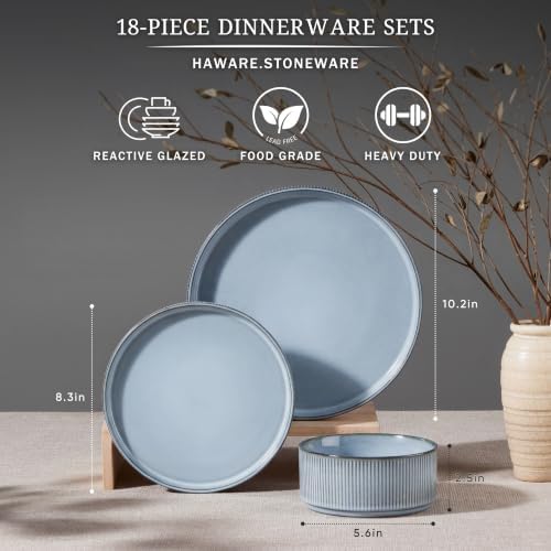 HaWare Dinnerware Sets, Plates and Bowls Set for 6, Reactive Mist Blue - Image 2