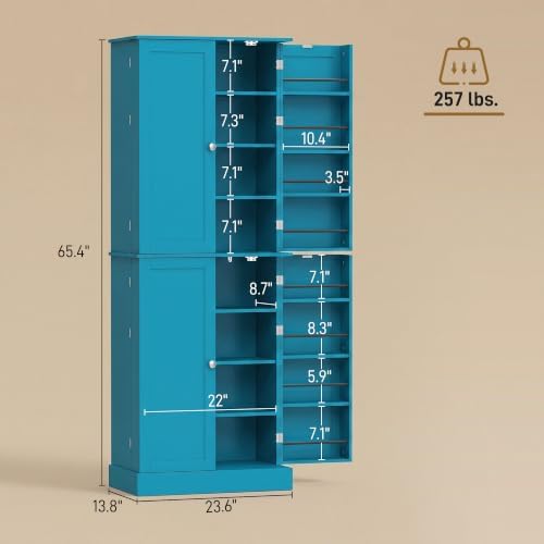 HOMCOM 65" Kitchen Pantry Storage Cabinet 16 Door Shelves Blue - Image 3