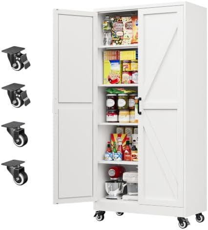 Letaya Metal Garage Storage Cabinet with Wheels,72”H White Kitchen Pantry by LetayaMetalCabinets
