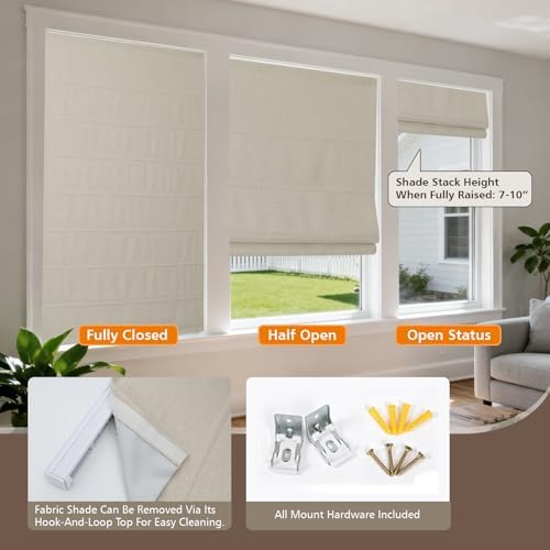 Cordless Roman Shades for Windows, Blackout Roman Blinds for Home, Room Darkening Custom Fabric Roman Window Shades, Living Room, Bedroom, French Doors, Beige - Image 6
