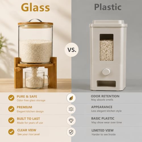 Rice Dispenser, Rice Storage Container：Flour and Cereal Container with Airtight Lid and Wooden Stand, Glass Food Storge Container for Kitchen Organization and Pantry Store (5L) - Image 3