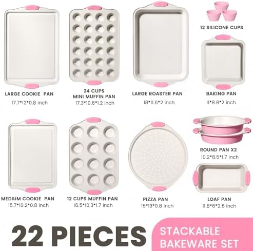 Kikcoin 22 PCS Nonstick Baking Pans Set, Stackable Bakeware Sets with Silicone Handles, 450°F Oven Safe Baking Sheet Set, Easy Release Cookie Sheets for Baking, Pink - Image 2