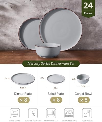 Famiware Mercury 24-Piece Stoneware Dinnerware Set,Light Grey - Image 2