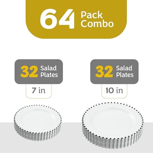 PLASTICPRO 64 Piece Combo Plastic Dinner Plates Disposable Plastic Fancy Heavy Duty Party Dishes 7 inch and 10 inch, White and Black Beaded - Image 4