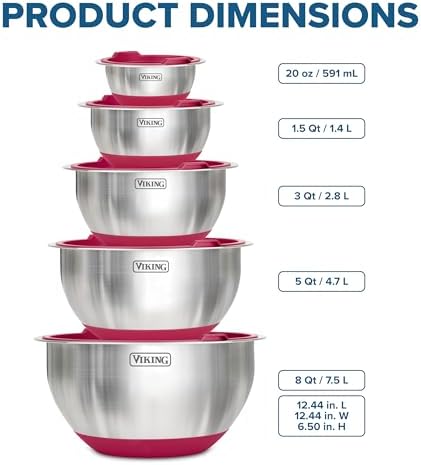 Viking Mixing Bowls Set, 10 Piece Stainless Steel Kitchen Cookware, Non-Slip Silicone Base, Includes Tight Fit Lids, Dishwasher Safe, Red - Image 5