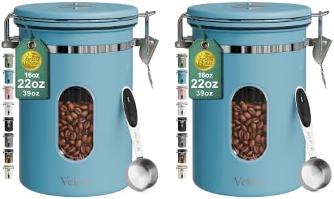 Veken Coffee Canister with Window, Airtight Stainless Steel Container,Date Tracker, Kitchen Food Storage Jars for Beans, Ground, Espresso, Rice,Tea, Sugar, Cereal, Gifts, Scoop, Blue, 22OZ (Pack of 2) by Veken