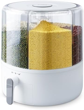 16lb Grain and Rice Storage Container, 360° Rotating 6 Grid Grain Dispenser by SlowSLog