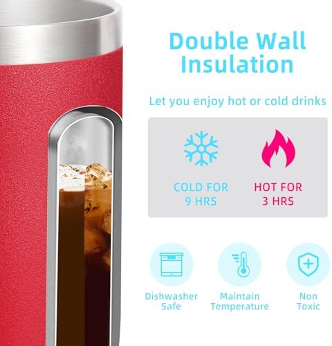 Volhoply 14oz Insulated Stainless Steel Coffee Mug with Lid Bulk 2 Pack,Double Wall Vacuum Travel Coffee Cup with Handle,Reusable Cups Tumbler,Camping Mugs Keep Hot/Cold,Ideal Gifts(Red,2) - Image 3