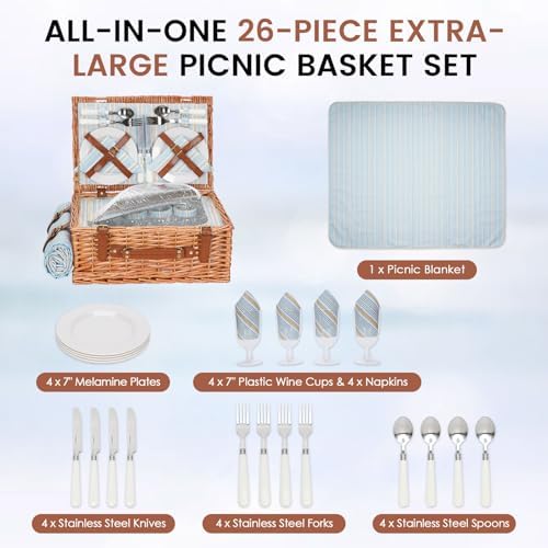 HappyPicnic Wicker Picnic Basket Set for 4 Persons with Cooler & Blanket - Image 3