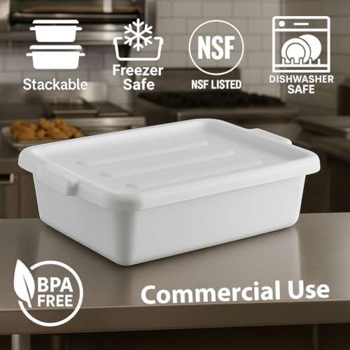 3-Pack 20" x 15" x 5" Commercial Bus Tub/Bus Box - 6.5 Gallons with Lid - Stackable Dish Storage Boxes for Home Kitchen, Pantry, or Garage Organization – Heavy-Duty and Freezer-Safe - White - Image 3