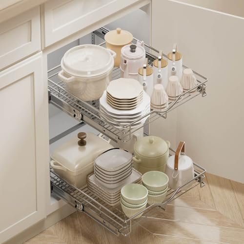 DINDON 2 Tier Pull Out Cabinet Organizer (17" W X 21" D), Double Tier Wire Basket Slide Out Shelf Storage for Kitchen Base Cabinet, Chrome Finish - Image 2