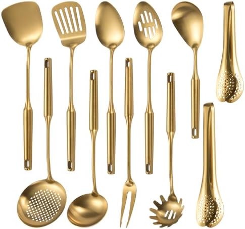 304 Stainlss Steel Matte Kitchen Utensils Set, 11 Pcs Long Metal Cooking Utensil Gadgets Tools Set with Spatula, Spoon, Ladle, Skimmer, Tunner, Pasta Server, Tongs(Gold, Dishwasher Safe) by Lazycorner