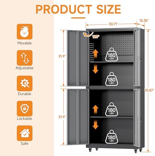 71" H Metal Tool Storage Cabinet with Lock and Wheels, Heavy Duty Garage Cabinet with 4 Doors and 2 Adjustable Shelves, Tool Organizer with Pegboard for Garage, Warehouse (Black&Gray, 71" H) - Image 3