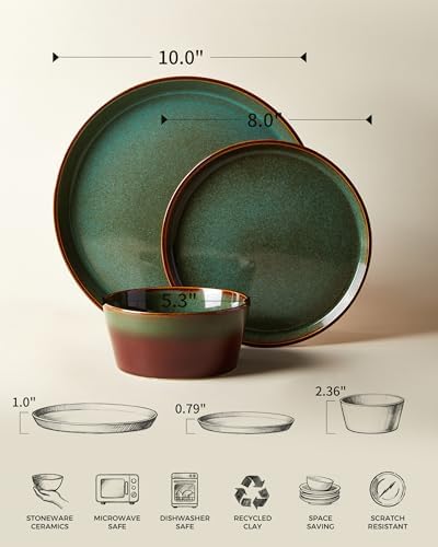 Pokini Ceramic Plates and Bowls Sets for 4, 12pcs Dinnerware Sets, Dish Set - Image 2