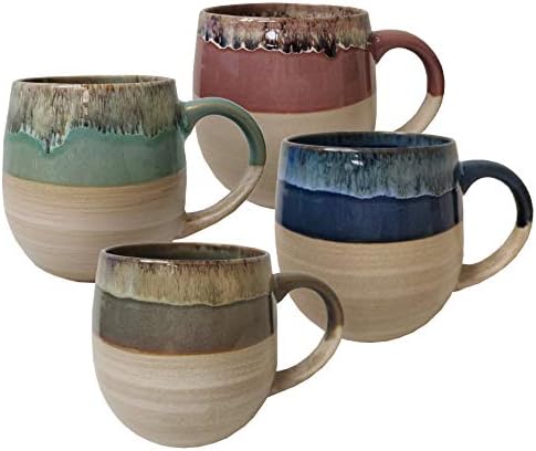 Tabletops Gallery Tuscan Collection Reactive Glaze 4 Piece Large 26 oz. Stoneware Soup Mug Set Kitchen Bowls Cups, Blue Teal Green Brown Pink by TabletopsGallery