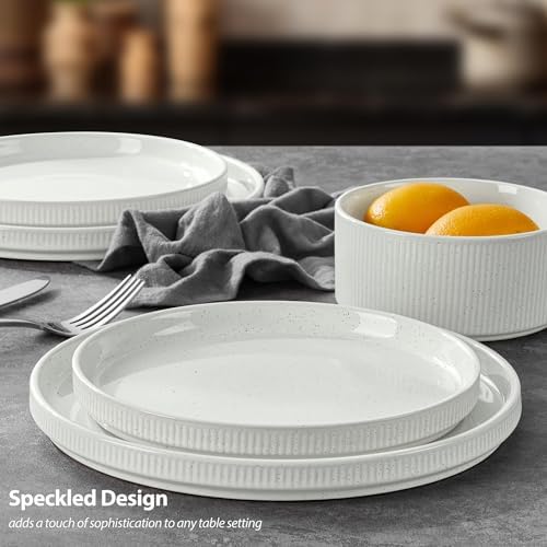 LIANYU Dinnerware Plates and Bowls Dishes Set, 8 Piece Stoneware Sets with Pasta Bowls for 2, Ribbed Ceramic Kitchen Dishware for Home, Microwave and Dishwasher Safe, Speckled White - Image 2