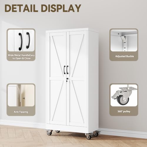 Metal Storage Cabinets with Wheels, Steel Tool Cabinets Lock Door and 3 Adjustable Shelves for Home Office, Garage, Kitchen (White, 61" H) - Image 3