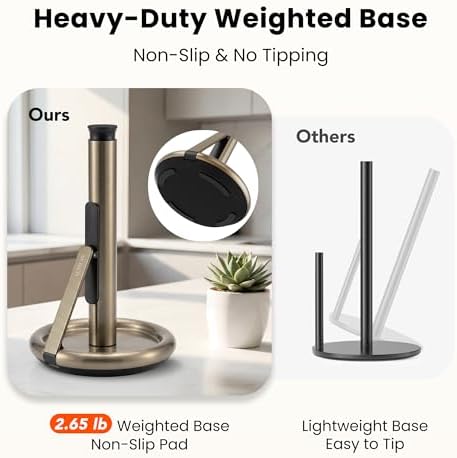 Ultrean Paper Towel Holder with Spray Bottle, Countertop Freestanding Paper Towel Dispenser with Spring-Loaded Tension Arm for One-Handed Tear, Weighted Non-Slip Base, Stainless Steel for Kitchen,Gold - Image 2