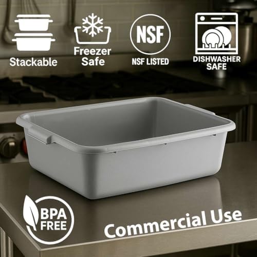 3-Pack 20" x 15" x 5" Commercial Bus Tub/Bus Box - 6.5 Gallons without Lid - Stackable Dish Storage Boxes for Home Kitchen, Pantry, or Garage Organization – Heavy-Duty and Freezer-Safe - Gray - Image 3