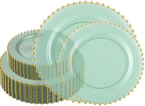 PLASTICPRO 128 Piece Combo Plastic Dinner Plates Disposable Plastic Fancy Heavy Duty Party Dishes 7 inch and 10 inch, Translucent Green and Gold Beaded by PLASTICPRO