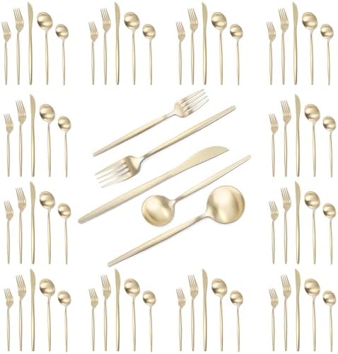 VANVRO Champagne Gold Silverware Set, 60-Piece Stainless Steel Flatware set,Matte Silverware Sets Service for 12, Tableware Cutlery Satin Finish Utensils for Kitchen,Dishwasher Safe by VANVRO