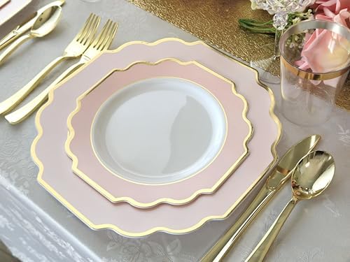 " OCCASIONS " 200 Piece set (25 Guests)-Wedding Plastic Plates & cutlery -Disposable heavyweight Dinnerware 10.5'', 8'' + Silverware + Cups + Napkins (Imperial in Blush Pink & Gold) - Image 2