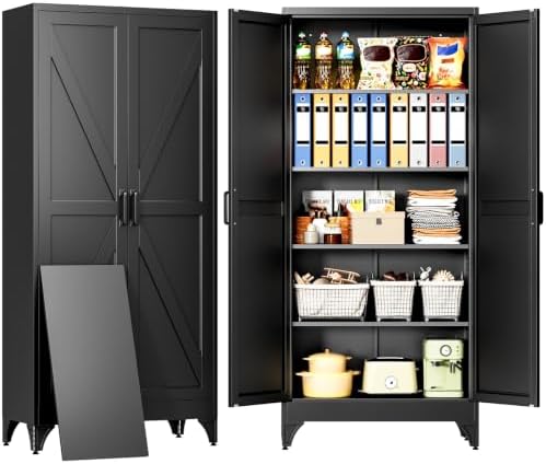 SISESOL 75" Tall Pantry Cabinet,Wide & Deep Farmhouse Kitchen Pantry Storage Cabinets with 2 Doors and 5 Shelves,Black Metal Storage Cabinet,Large Cupboard for Home,Kitchen,Dining/Living Room by SISESOL