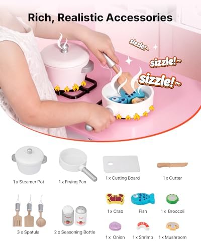VEVOR Play Kitchen for Kids, Wooden, Kids Kitchen Playset with Real Lights & Sounds, Food & Cookware Accessories, Pretend Play Toy Set, Range Hood, Microwave, for Toddlers, Girls & Boys Ages 3-8, Pink - Image 6