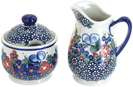 Blue Rose Polish Pottery - Red Garden Butterfly Cream & Sugar Set - 12 oz Creamer - Hand-Painted Polish Pottery Ceramic Creamer & Sugar Bowl with Lid by BlueRosePottery