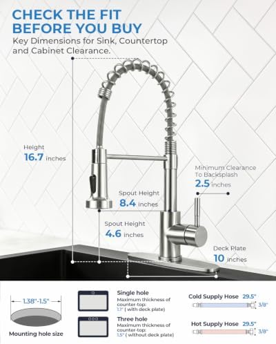 VFAUOSIT Kitchen Faucet with Pull Down Sprayer, Spring Brushed Nickel - Image 7