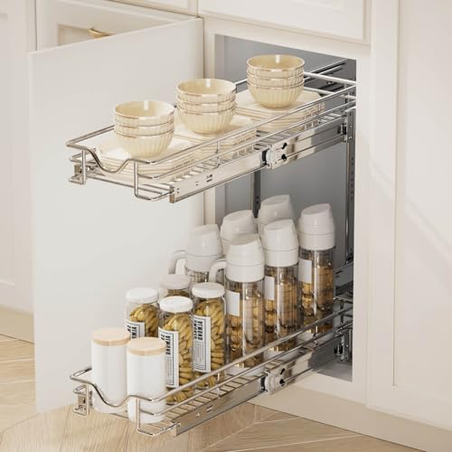 OCG 2 Tier Pull Out Cabinet Organizer (7.5" W x 21.5" D), Pull Out Drawers for Kitchen Cabinets, Pull Out Shelves for Base Cabinet Organization in Kitchen Bathroom Pantry, Chrome Finish - Image 6