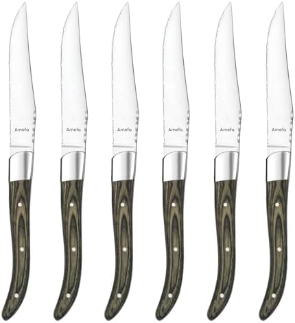 Amefa Royal Steak Knife Set of 6, Serrated Stainless Steel Blade, Pakka Wood Handle, Green/Brown by Amefa