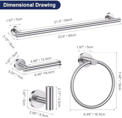 Lairuier 5-Piece Bathroom Hardware Set, Brushed Nickel Towel Bar Wall Mount - Image 7