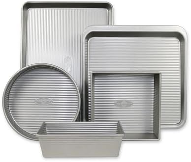 USA Pan Bakeware Aluminzed Steel 5-Piece Set Half, Cookie Sheet, Loaf, Square, Round Cake Pan by USAPan