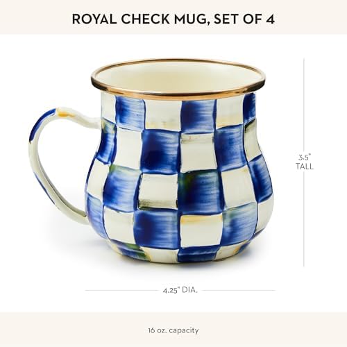 MACKENZIE-CHILDS Enamel Mug, Cute Enamelware Coffee and Tea Mug, Unique Drinkware, 16 Ounces, Blue-and-White Royal Check, Set of 4 - Image 4