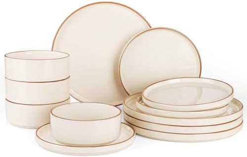 Famiware Nebula 12-Piece Dinnerware Set, Vanilla White with Brown Rim by Famiware