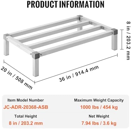 VEVOR Aluminum Dunnage Rack, 36” x 20” Commercial Food Floor Rack, 8” Off The Floor, 1000 lbs Capacity All-Welded Aluminum Storage, for Storage in Restaurants, Kitchens, Garages and Vehicles - Image 7