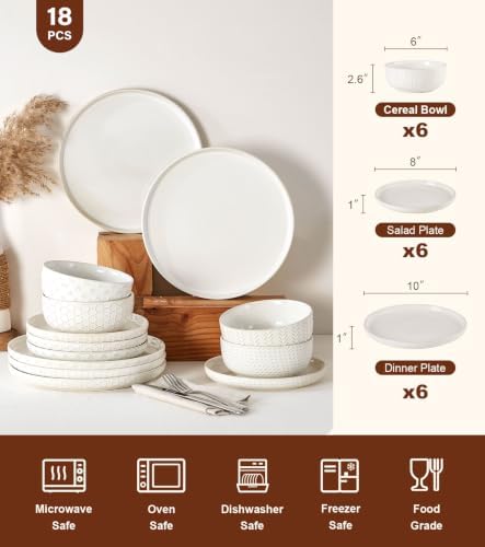 Lareina 18 Piece Dinnerware Sets for 6, Farmhouse Style Stoneware Plates and Bowls Sets, Embossed Boho Ceramic Dish Set, Scratch Resistant & Dishwasher Safe, Ivory White - Image 3