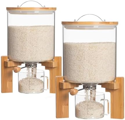 HBlife 8-10 Lbs Glass Rice Dispenser with Wooden Stand Flour and Cereal Container with Glass Measuring Cup Pantry Food Organization Storage Bin with Airtight Bamboo Lid, 5L (2 Pack) by HBlife