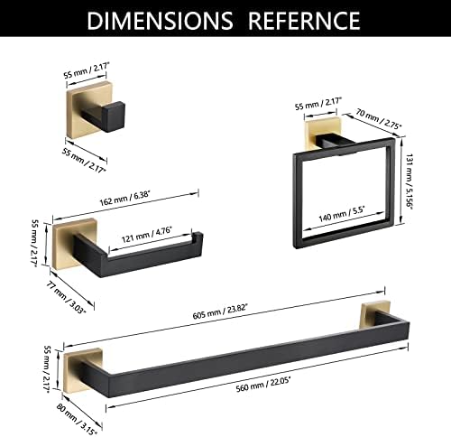 5 Pieces Bathroom Hardware Accessories Set Black and Gold Towel Bar Set,Wall Mounted Stainless Steel,23.6 Inch - Image 6