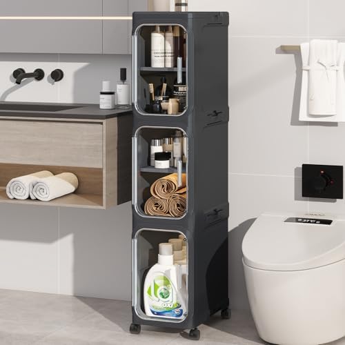 3 Tier Slim Bathroom Storage Cabinet, Foldable and Movable, Black by Neathub