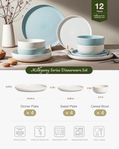Famiware Milkyway 12-Piece Dinnerware Set, Matte Beige White & Light Blue - Image 2