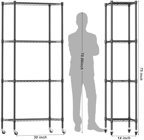 Homdox Heavy Duty 4-Tier Metal Shelving Unit with Adjustable Shelves, Rolling Storage Rack for Kitchen, Garage, Pantry, 29.92"x13.98"x74.41", Black - Image 3