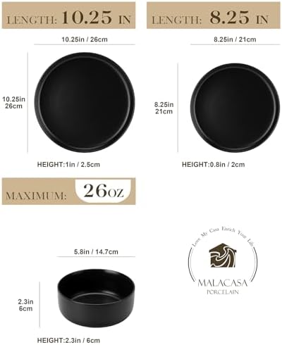 MALACASA 12 Pcs Porcelain Plates and Bowls Sets,Dinnerware Set for 4,Black - Image 2