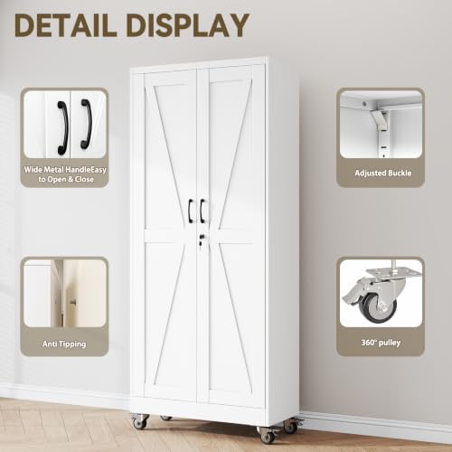 Metal Storage Cabinets with Wheels, Steel Tool Cabinets Lock Door and 5 Adjustable Shelves for Home Office, Garage, Kitchen (White, 78.7" H) - Image 3