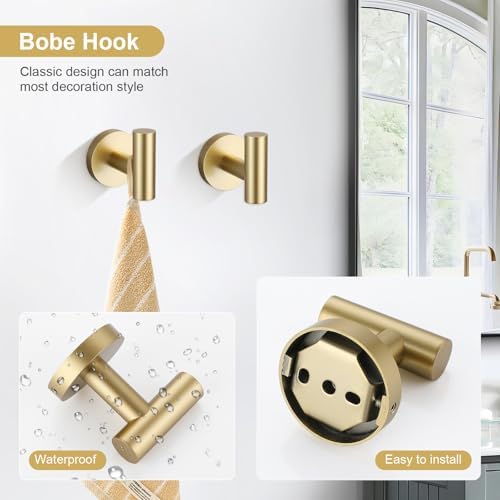 TQKAG Brushed Gold Bathroom Hardware Set 6-Piece Bathroom Accessory Set 23.6 Inch Round Stainless Steel Towel Bar Set Wall Mounted - Image 4