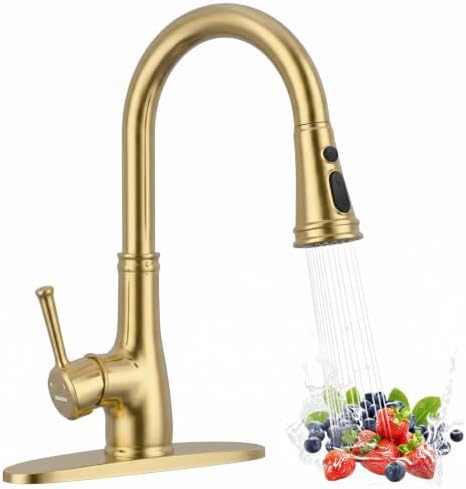 WEWE Brushed Gold Kitchen Faucet with Pull Down Sprayer, Champagne Bronze Copper Single Handle Single Hole Kitchen Sink Faucet by WEWE