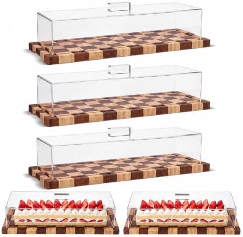 Mifoci 3 Pack Acacia Wood Checkerboard Cake Stand Serving Tray with Acrylic Lid, 15 x 6 x 4 Inches Charcuterie Table Display Set, Dessert Serving Tray Set for Bakery, Buffet, Home Party & Restaurant by Mifoci