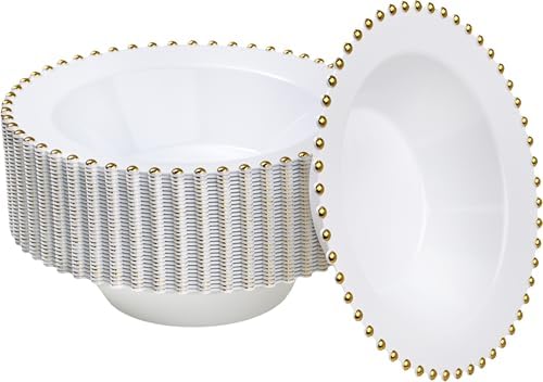 PLASTICPRO 32 Piece Plastic Dinner Plates Bowls Disposable Plastic Fancy Heavy Duty Party Dishes 12 oz White and Gold Bead Bowls by PLASTICPRO
