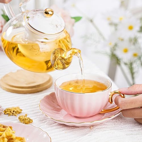 ICHAG Bone China Pumpkin Cup & Saucer Set of 6, 5 colors,8oz, Real Gold Trim on Cup Rim & Handle, Dual-Purpose for Coffee & Tea, Luxury Elegant Tea Cups with 6 Matching Spoons - Image 3